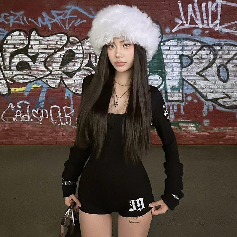 Jumpsuit欧美跨境新款收腰辣妹性感长袖字母印花潮流百搭连体衣女