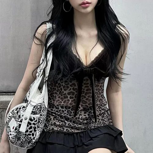 VEST美式复古豹纹印花吊带背心女夏季新款修身显瘦辣妹无袖上衣女