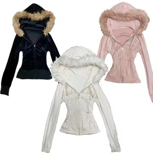 COAT复古欧美街头风设计感朋克修身 拉链毛绒帽檐连帽卫衣外套女