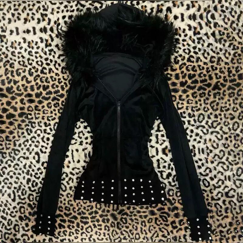 jacket美式古早毛领连帽外套y2k潮流女美食嘻哈摇滚风毛领外套女图片