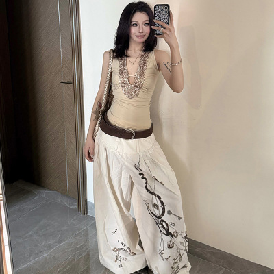TOP欧美风跨境春季新款女装纯色修身时尚V领亮片无袖背心上衣女装