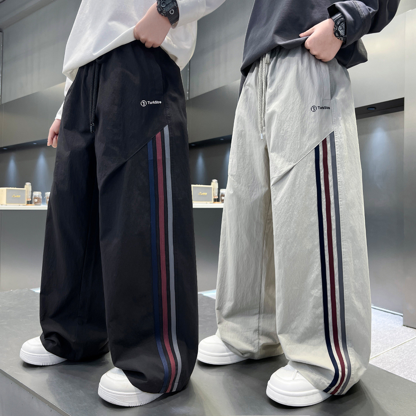 儿童裤子春秋新款直筒阔腿男孩中大童装春季宽松黑色速干运动休闲