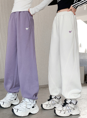 女童裤子春秋新款2026紫色小女孩胖宽松白色儿童运动卫裤中大童棉