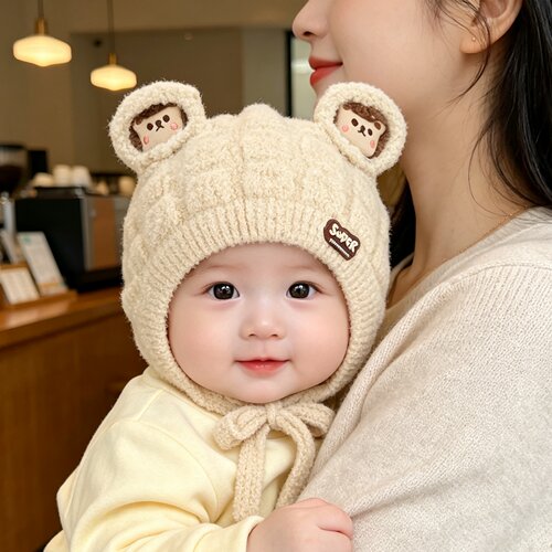 秋冬季宝宝帽子男女宝毛线帽冬天外出婴幼儿可爱护耳帽婴儿保暖帽