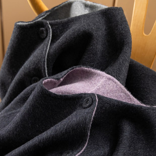 羊毛天丝圆领双面呢短大衣外套D女05G5 篙级灰 H春上7号 法柜笈简