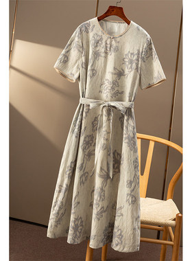 AA￥309 秒！春天家 淡雅含真丝亚麻圆领短袖收腰连衣裙女54C3