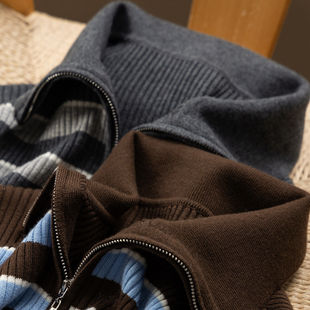 H春上7号 复古高智 法G撞色条纹含羊毛立领针织毛衣开衫女64I8