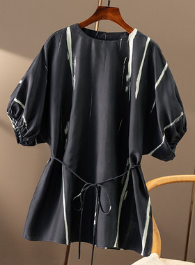 AA￥489 秒！法柜印花真丝电力纺连裁袖系带收腰衬衫春天家女60A9