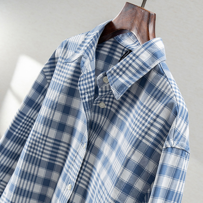 外贸D牛津纺格子棉翻领长袖衬衫