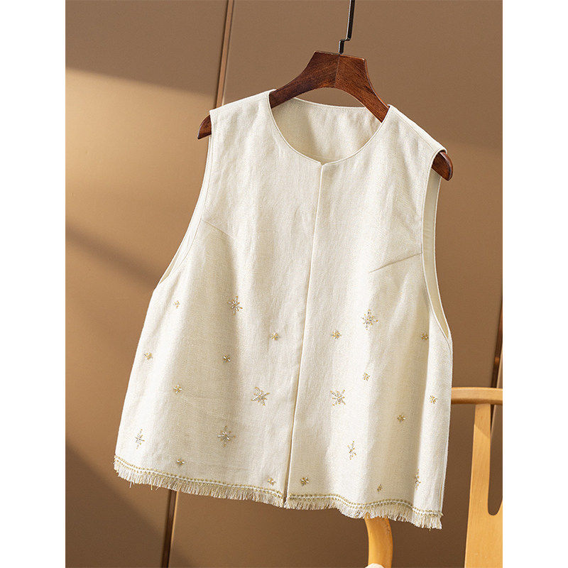 ￥719 秒！春天家  欧标亚麻金丝圆领马甲背心外套女9V25