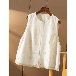 AA¥719 秒!春天家 欧标亚麻金丝圆领马甲背心外套女9V25