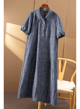AA￥379 秒！ 法G欧标色织亚麻A字短袖衬衫连衣裙女春天家42B3