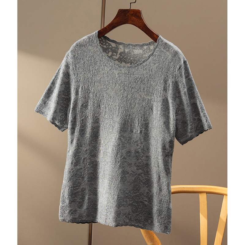 FF￥309 秒！ 法柜含真丝羊毛镂空钩花圆领针织衫T恤春天家女40A1