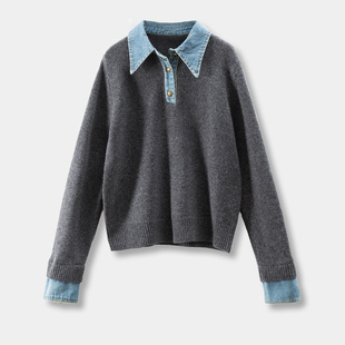 领假两件毛衣女29I0 法G拼接牛仔100羊毛衬衫 H春上7号 时髦不费力