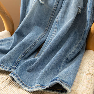 破洞100棉高腰直筒阔腿牛仔裤 法柜个性 女51I2 早春炸街 H春上7号