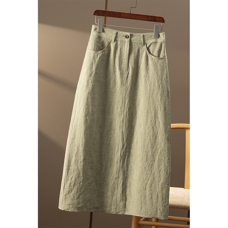 ￥298 秒！法G欧标亚麻高腰后开叉A字半身裙春天家女17C7