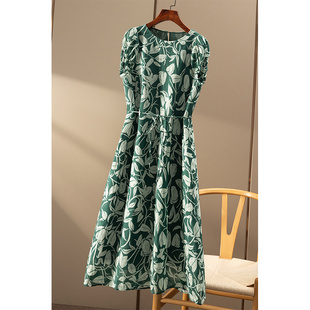 ¥429 秒!绿意如茵 苎麻 印花包肩袖收腰连衣裙春上7号女5W70