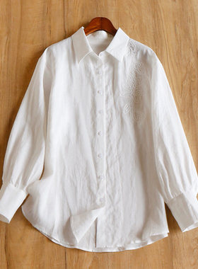 AA￥339 秒！欧标苎麻 纯净美好气质通勤刺绣白衬衫春天家女3Z99