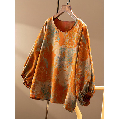 ￥669 秒！春天家 重磅真丝香云纱提花^花萝灯笼袖衬衫女06E5