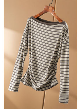 H春上7号 S型曲线 显瘦10斤 法柜条纹捏褶收腰一字领T恤女29J2 特