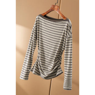 H春上7号 S型曲线 显瘦10斤 法柜条纹捏褶收腰一字领T恤女29J2 特