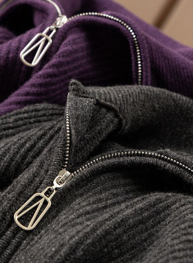 H春上7号 紫色更韵味！法柜100绵羊毛竖坑条半开襟毛衣女07K2