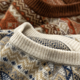 H春上7号 法柜高品质100绵羊毛圆领提花毛衣D女87E0 复古费尔岛