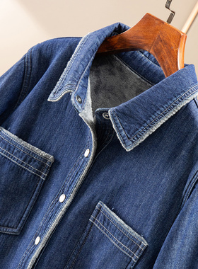 H春上7号 万搭牛仔 法柜复古深蓝加绒加厚圆弧摆衬衫外套女85E7特