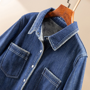 H春上7号 万搭牛仔 法柜复古深蓝加绒加厚圆弧摆衬衫外套女85E7特