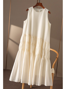 AA￥629秒！春天家 定织褶皱肌理真丝醋酸圆领无袖连衣裙女3W92