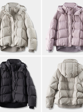 H春上7号 龟背小面包！法柜轻暖90白鸭绒连帽羽绒服外套D女85E9