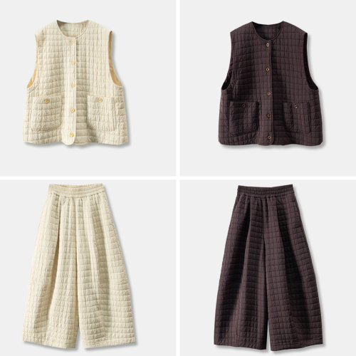 马甲棉服外套+高腰阔腿八分裤