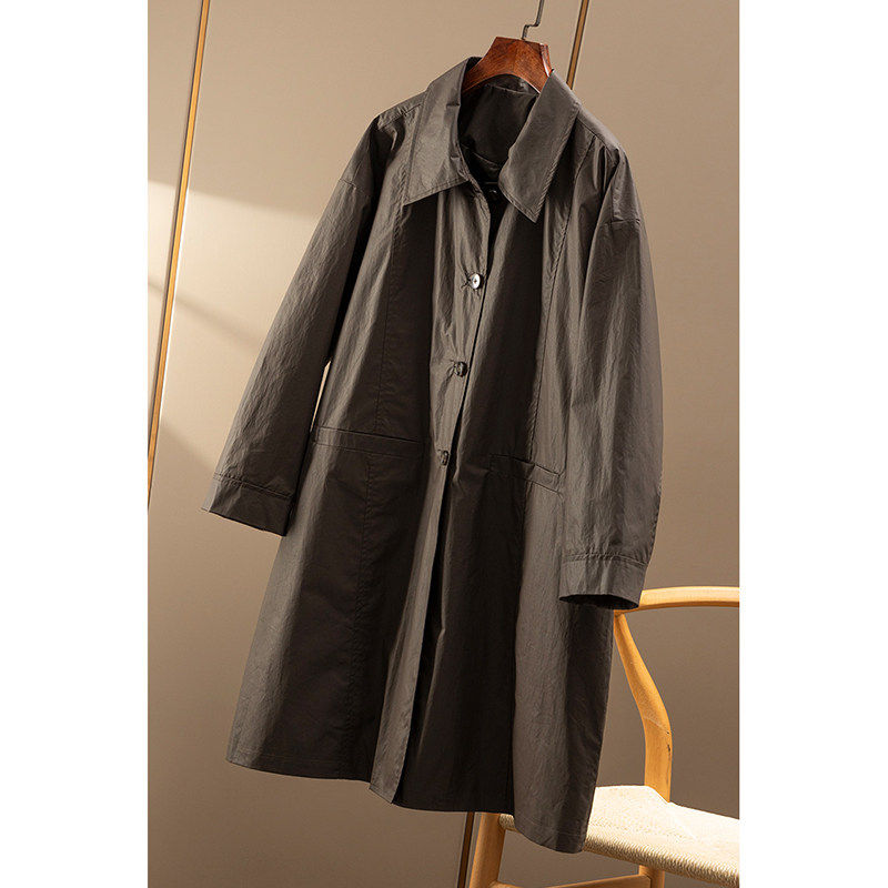 ￥539 秒！春天家 中古极简纸皮感纯棉中长风衣外套女83B2