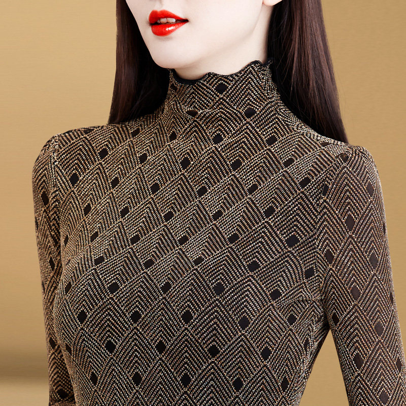 洋气小衫女气质2021新款秋冬高领长袖蕾丝上衣百搭加厚打底衫女秋