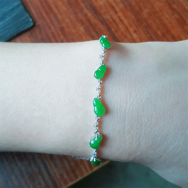 现货玉手链天然缅甸a级翡翠冰种翡翠葫芦手链18k金镶嵌翡翠手链