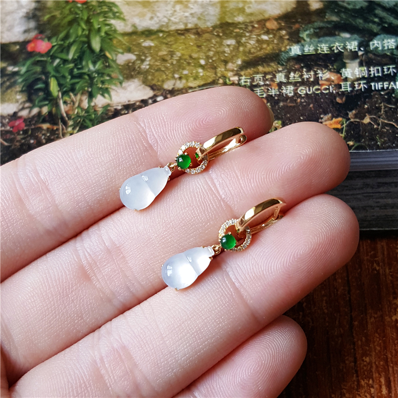 汉桑原创冰种翡翠耳钉白冰葫芦