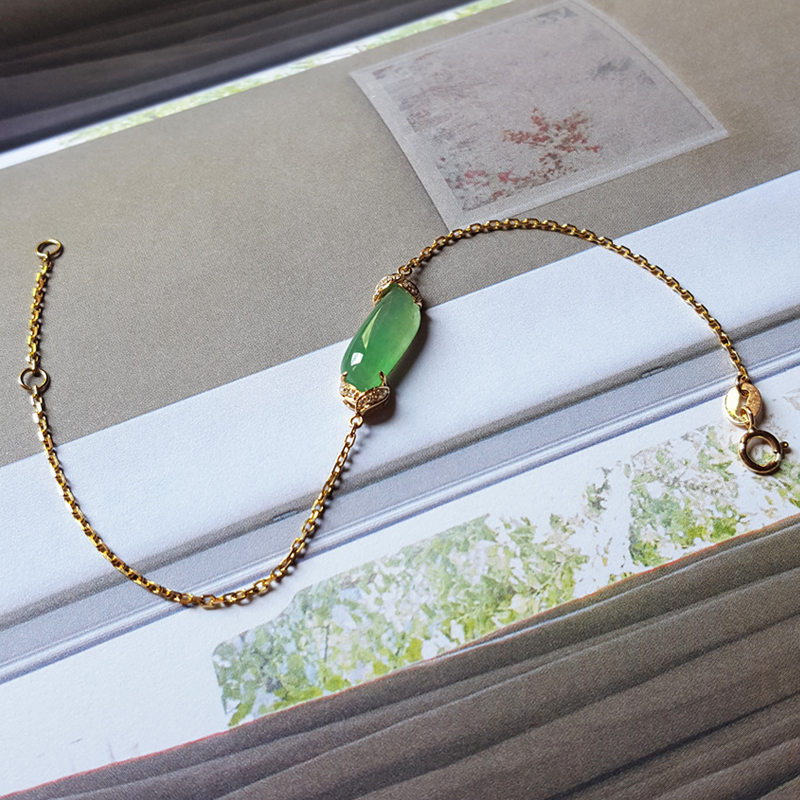 纯天然翡翠戒面随行蛋面镶嵌18k玫瑰金黄金钻石手链 翡翠手链女款