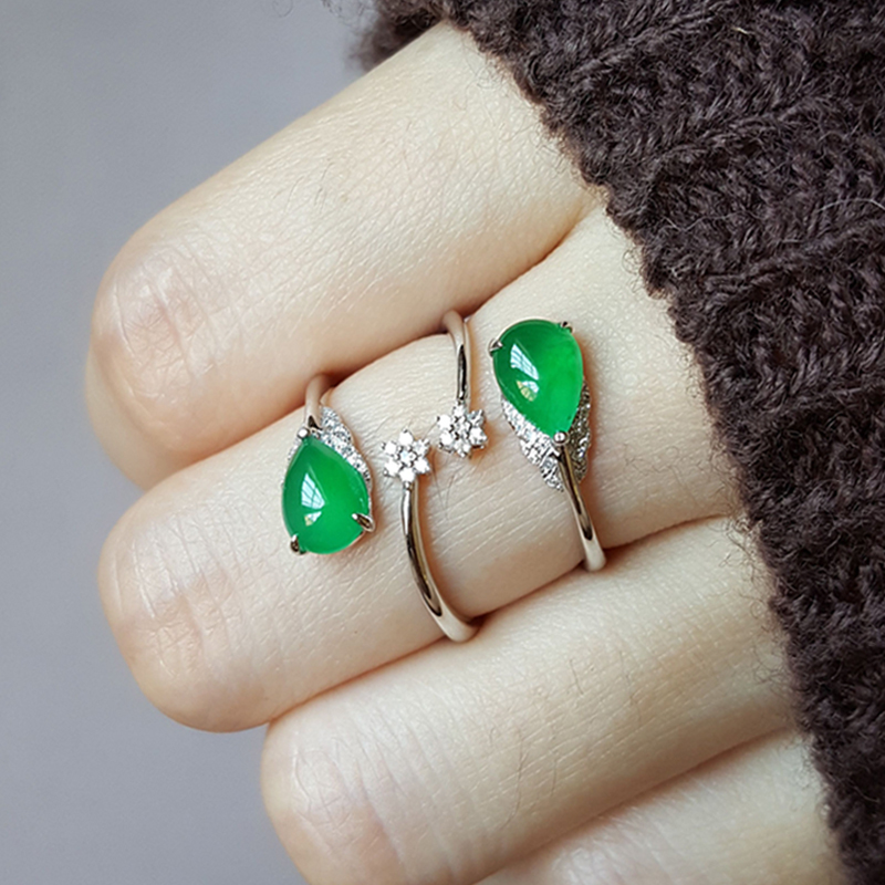 天然A貨翡翠戒指女 18k金鉆石鑲嵌滿綠冰種翡翠戒面水滴開口指環