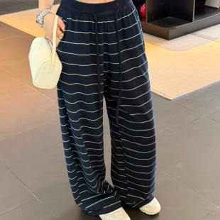 直筒松紧腰女士直腿裤 宽松长裤 子 休闲裤 韩系高腰抽绳条纹阔腿裤