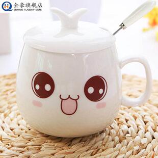 陶瓷马克杯女男咖啡杯可爱卡通杯子带盖勺喝水杯麦片杯牛奶杯瓷杯