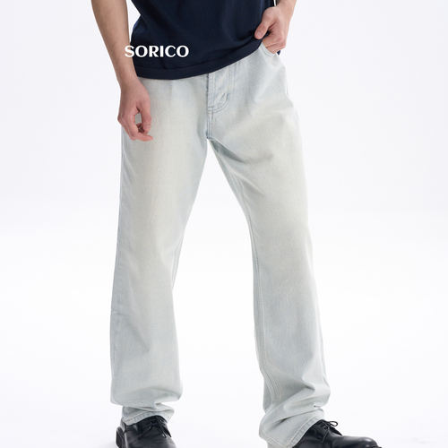 「SORICO」丹宁水洗美式高端微弹纯棉休闲通勤抗皱直筒牛仔裤长裤