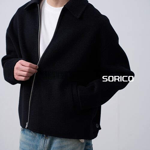 「SORICO」100%羊毛双面呢廓形短款翻领拉链静奢毛呢外套夹克