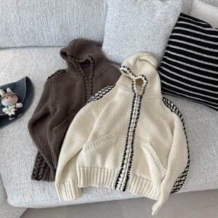 【YY正确版】25FW简约撞色麻花羊毛拼接粗针织连帽拉链开衫毛衣