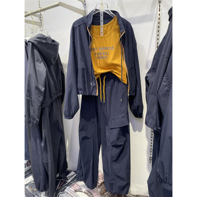 拉链立领短外套字母背心阔腿裤三件套女2025秋季韩版休闲工装套装