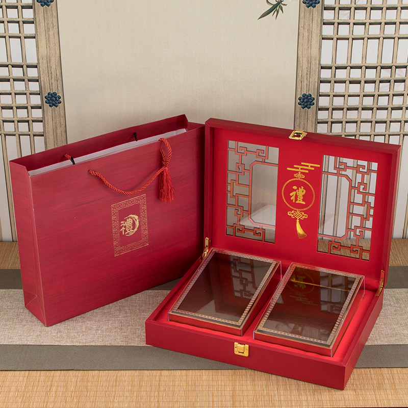 双拼名贵礼盒包装盒海参鲍鱼干贝西洋参三七石斛镂空礼品盒皮盒子