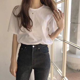 韩国正肩t恤女夏季 体恤 纯棉女士上衣短袖 圆领ins纯白色基础打底衫