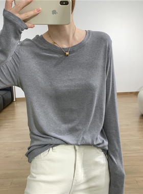 灰色简约圆领长袖T恤女秋冬季修身弹力显瘦打底衫百搭基础款上衣