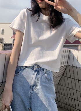 白色t恤女短袖ins潮短款2024夏季修身棉质高腰露脐港风小心机上衣