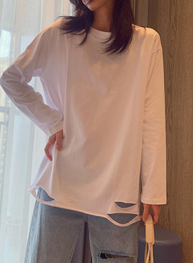 白色长袖t恤女棉质内搭打底衫圆领卫衣内衬宽松百搭学生外穿上衣