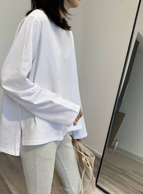 纯棉白色长袖t恤女ins韩版秋季宽松纯色棉质内搭打底衫薄款上衣潮